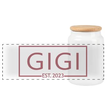 Gigi Est. 2023, Oma zu werden, Schwangerschaft enthüllen - Panorama Keksdose mit Holzdeckel - Weiß - Vorne
