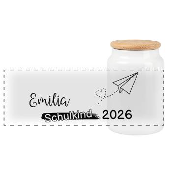 "Schulkind 2026" mit dem Namen des Schulkindes - Panorama Keksdose mit Holzdeckel - Weiß - Vorne