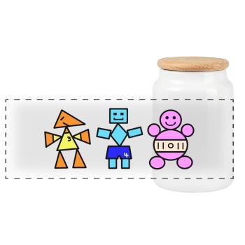 Geometric Trio Playful Figures,  One point  - Panoramic Cookie Jar with Wooden Lid - white - Front