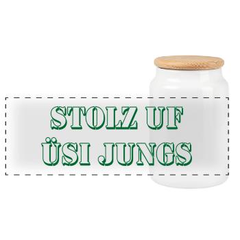 Stolz uf üsi Jungs Fussball Schweiz Design - Panoramic Cookie Jar with Wooden Lid - white - Front