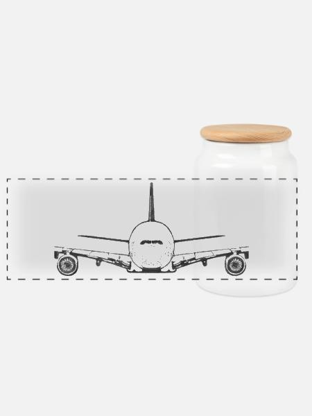 Airliner Frontansicht – Minimalistisches Flugzeug - Panorama Keksdose mit Holzdeckel - Weiß