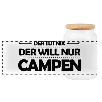 Der tut nix – der will nur campen Camping Spruch - Panorama Keksdose mit Holzdeckel - Weiß - Vorne