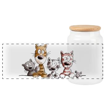 Happy Katzen I Katzenfreunde Geschenk - Panorama Keksdose mit Holzdeckel - Weiß - Vorne