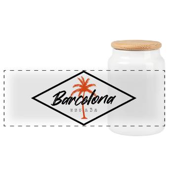 Barcelona Spain Palm Trees Lettering - Panoramic Cookie Jar with Wooden Lid - white - Front