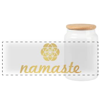 Namaste Yoga Gold Flower of Life Shanti Ornament - Panoramic Cookie Jar with Wooden Lid - white - Front