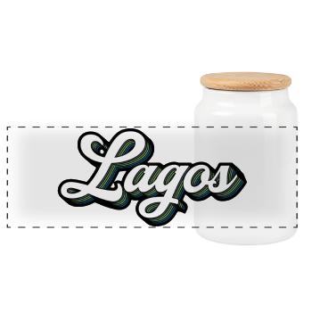 Lagos font with color stripes - Panoramic Cookie Jar with Wooden Lid - white - Front