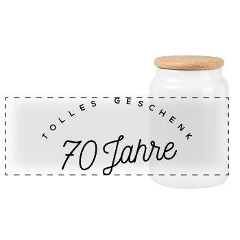 Tolles Geschenk 70 Jahre  - Panorama Keksdose mit Holzdeckel - Weiß - Vorne