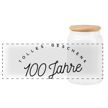 Tolles Geschenk 100 Jahre  - Panorama Keksdose mit Holzdeckel - Weiß - Vorne