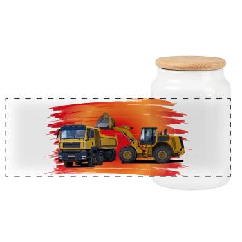 Truck and excavator on red - Panoramic Cookie Jar with Wooden Lid - white - Front