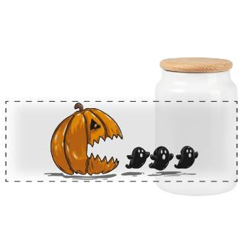 Kürbis stielt Halloween-Geister - Panorama Keksdose mit Holzdeckel - Weiß - Vorne