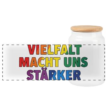 Vielfalt macht uns stärker – Regenbogen Design - Panorama Keksdose mit Holzdeckel - Weiß - Vorne