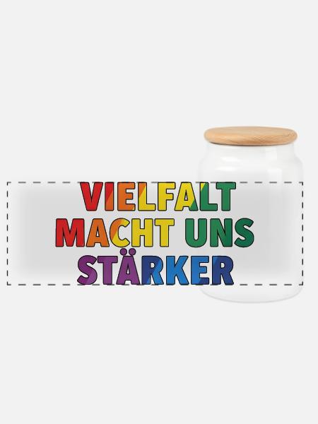 Vielfalt macht uns stärker – Regenbogen Design - Panorama Keksdose mit Holzdeckel - Weiß