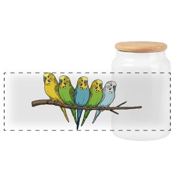 Famille colorée de perruches ondulées sur la branche - Boîte à biscuits avec couvercle en bois - blanc - Devant