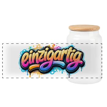 Einzigartig Graffiti Schriftzug - Panorama Keksdose mit Holzdeckel - Weiß - Vorne