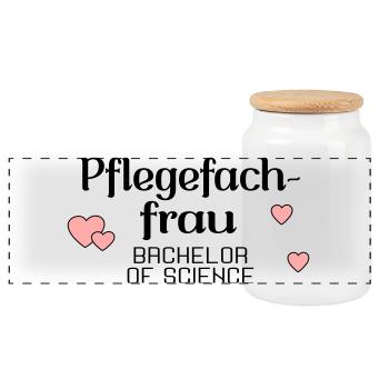 Bachelorstudium Pflege - Abschluss Pflegefachfrau - Panorama Keksdose mit Holzdeckel - Weiß - Vorne