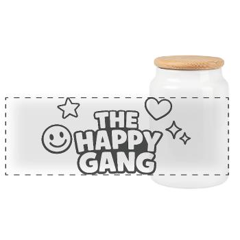 The Happy Gang – Fröhlicher Comicstil - Panorama Keksdose mit Holzdeckel - Weiß - Vorne
