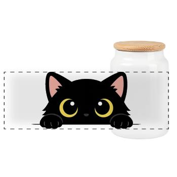 Curious Black Cat – Adorable Yellow Eyes - Panoramic Cookie Jar with Wooden Lid - white - Front