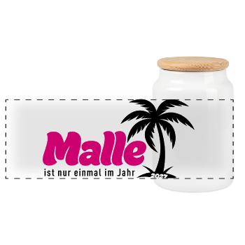 Malle ist nur einmal im Jahr 2027 – Mallorca Party - Panorama Keksdose mit Holzdeckel - Weiß - Vorne