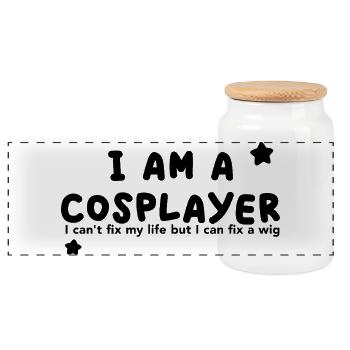 I am a Cosplayer - Panoramic Cookie Jar with Wooden Lid - white - Front