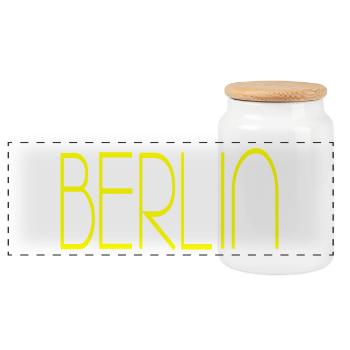 Berlin gelbe Schrift - Panorama Keksdose mit Holzdeckel - Weiß - Vorne