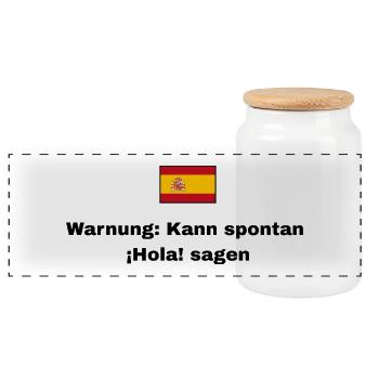 Spanien Flagge, Schwarze Schrift - Panorama Keksdose mit Holzdeckel - Weiß - Vorne