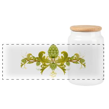 Dekorative Hopfenranke mit Ornament–Bierbrau-Motiv - Panorama Keksdose mit Holzdeckel - Weiß - Vorne