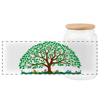 Colorful Tree – Brown Trunk with Green Leaves - Panoramic Cookie Jar with Wooden Lid - white - Front