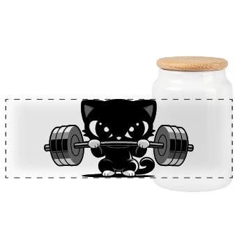 Fitness Cat with Dumbbell | Cute Gym Motif - Panoramic Cookie Jar with Wooden Lid - white - Front