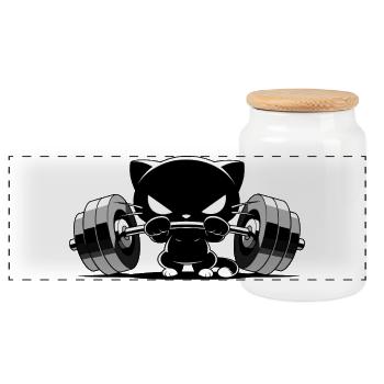 Bodybuilder Cat | Cute Gym Power Motif - Panoramic Cookie Jar with Wooden Lid - white - Front