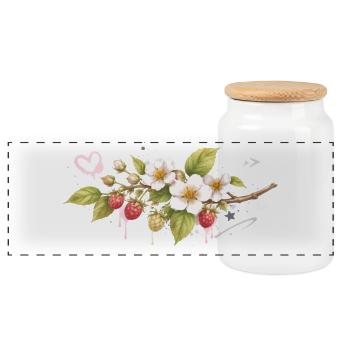 Himbeerzweig mit Blüten Graffiti Stil   - Panorama Keksdose mit Holzdeckel - Weiß - Vorne