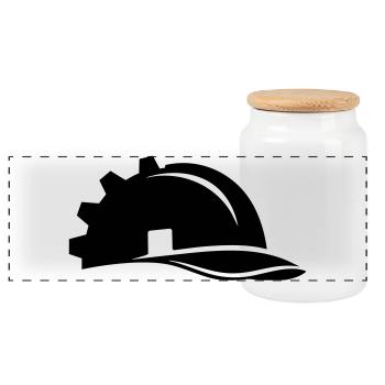 Construction Worker Helmet Gear and House - Panoramic Cookie Jar with Wooden Lid - white - Front