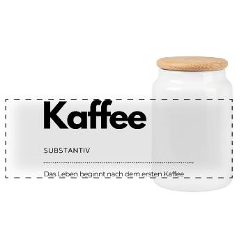 Coffee – Life begins after the first coffee - Panoramic Cookie Jar with Wooden Lid - white - Front