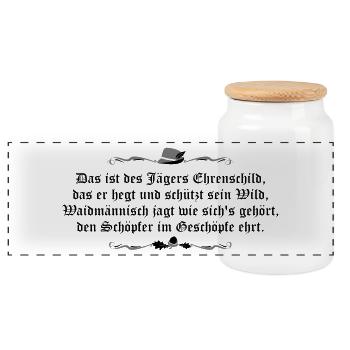 Jägerspruch, Jägerlatein - Panorama Keksdose mit Holzdeckel - Weiß - Vorne
