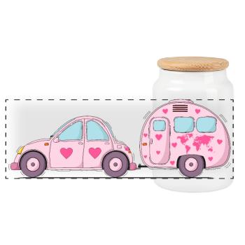 Auto mit Wohnwagen Rosa Herz - Panorama Keksdose mit Holzdeckel - Weiß - Vorne