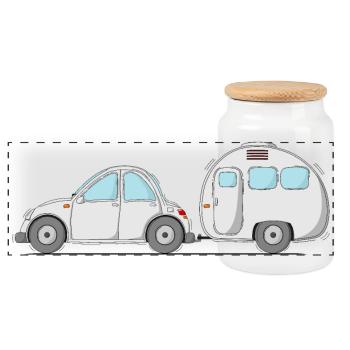 Car with caravan grey - Panoramic Cookie Jar with Wooden Lid - white - Front