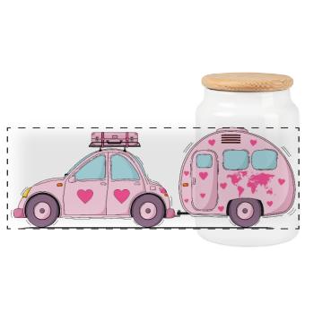 Auto mit Wohnwagen und Koffer in Rosa Herz - Panorama Keksdose mit Holzdeckel - Weiß - Vorne