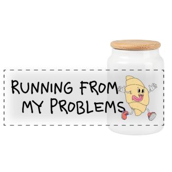 Running from My Problems – Retro Comic Humor - Panoramic Cookie Jar with Wooden Lid - white - Front