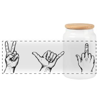 Handzeichen Set Victory Shaka JGA – Illustration - Panorama Keksdose mit Holzdeckel - Weiß - Vorne