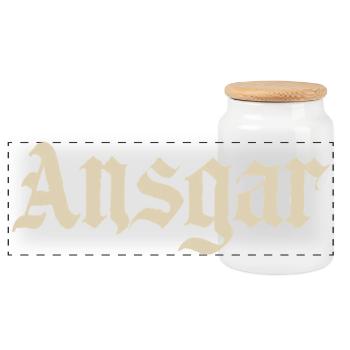 Ansgar Gothic Font Design - Panoramic Cookie Jar with Wooden Lid - white - Front