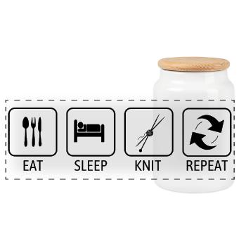Eat, Sleep Knit Repeat – lustiges Strickliebhaber-Geschenk - Panorama Keksdose mit Holzdeckel - Weiß - Vorne