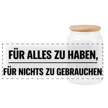 Überfluss-Ironie: Alles zu Haben - Panorama Keksdose mit Holzdeckel - Weiß - Vorne