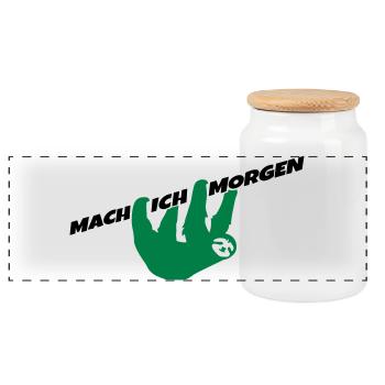 Faultier Mach ich morgen Spruch Prokrastination - Panorama Keksdose mit Holzdeckel - Weiß - Vorne