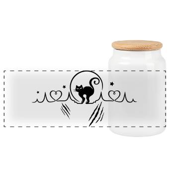 Heartbeat with cat, full moon and stars. - Panoramic Cookie Jar with Wooden Lid - white - Front