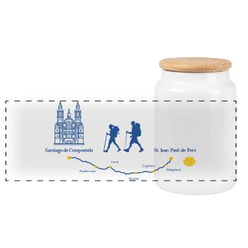 Buen Camino Santiago Route Frances - Panoramic Cookie Jar with Wooden Lid - white - Front