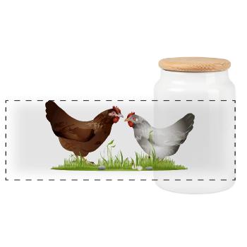 two free-running chickens on a green meadow - Panoramic Cookie Jar with Wooden Lid - white - Front