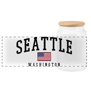 Seattle Washington USA - Panoramic Cookie Jar with Wooden Lid - white - Front