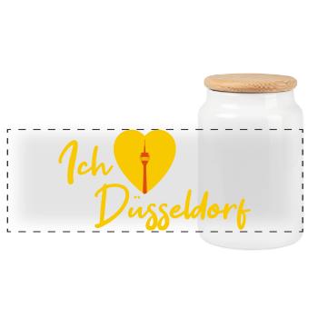 Ich liebe Düsseldorf - Schriftzug - Panorama Keksdose mit Holzdeckel - Weiß - Vorne