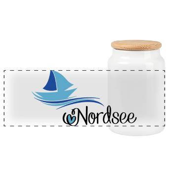 Nordsee Design mit Segelboot - Panorama Keksdose mit Holzdeckel - Weiß - Vorne