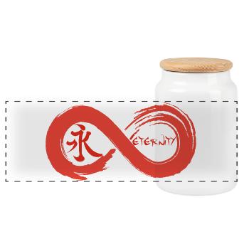 Infinite symbol and eternity in Japanese (red) - Panoramic Cookie Jar with Wooden Lid - white - Front