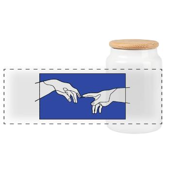 The Creation of Adam hands - Panoramic Cookie Jar with Wooden Lid - white - Front